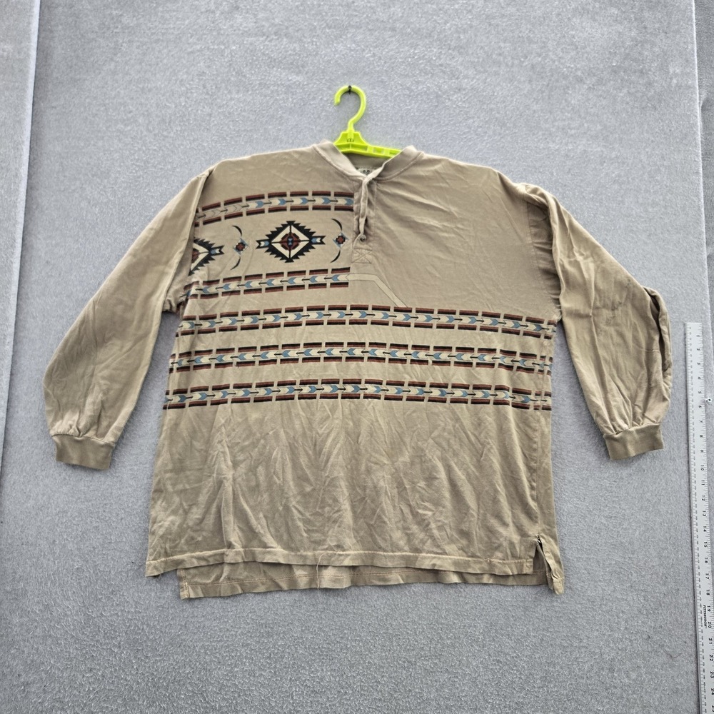 VINTAGE Rodeo Active Men Shirt XL Brown Henley Geometric Aztec Arrow READ